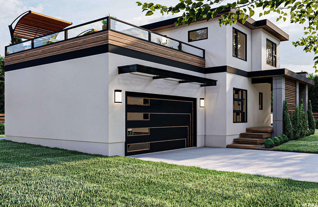 Contemporary home with balcony, garage, and a front lawn