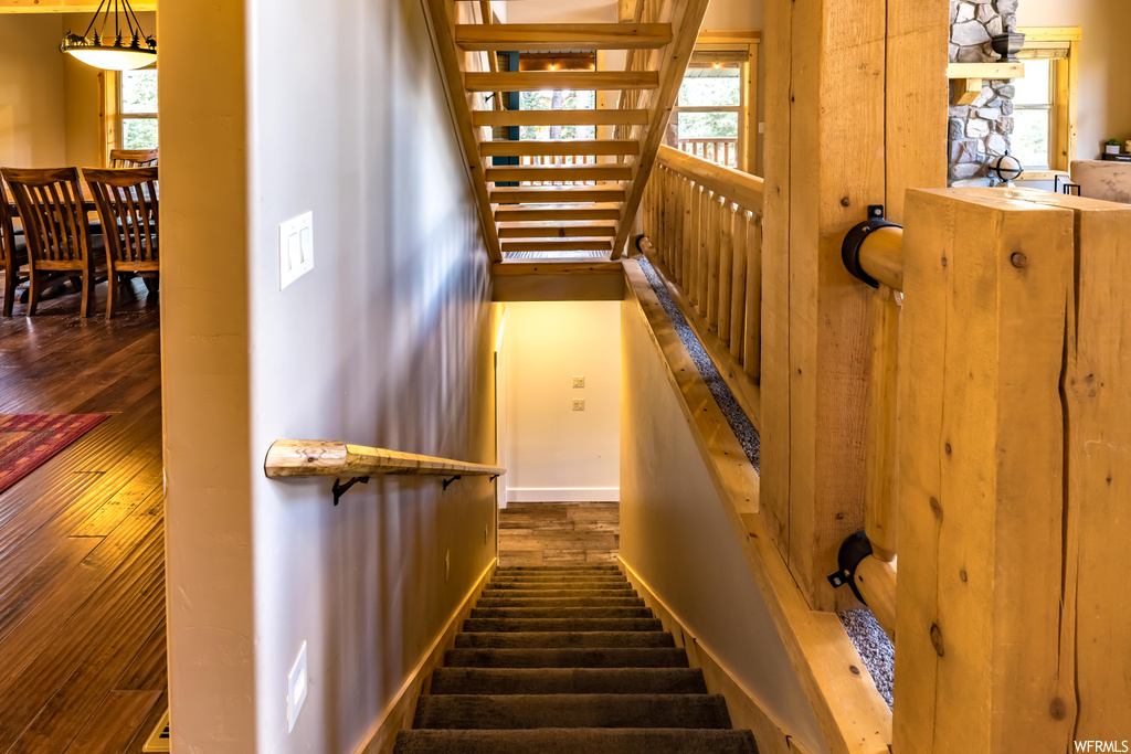 Stairway featuring dark hardwood floors and wood walls
