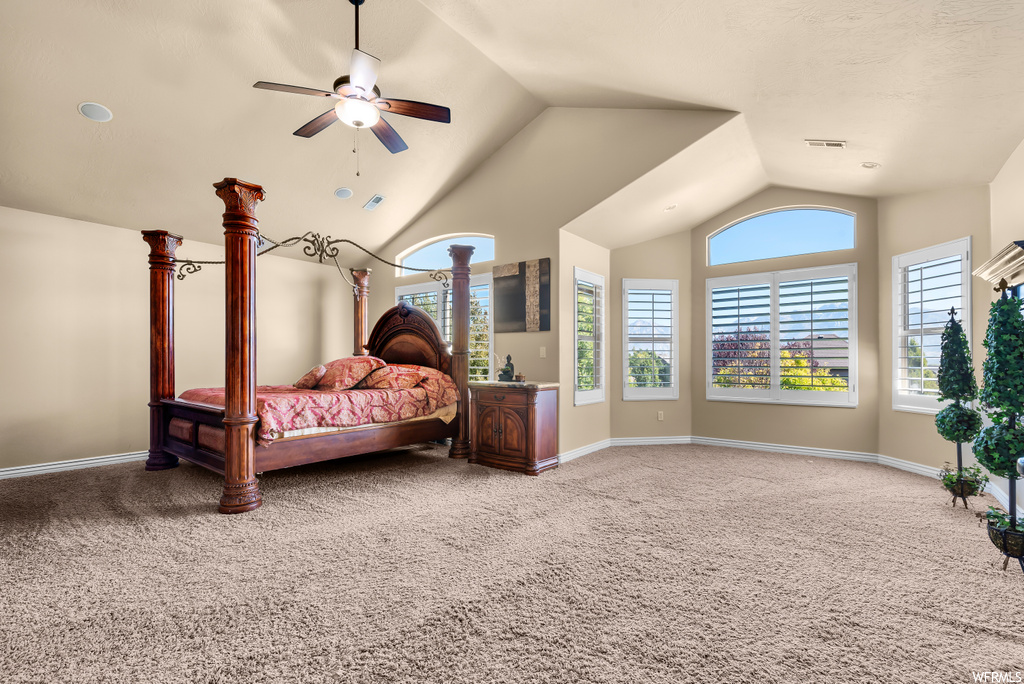 Carpeted bedroom featuring vaulted ceiling and a high ceiling