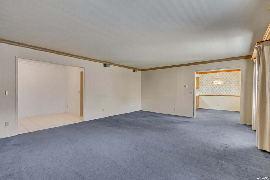 Unfurnished room with light carpet and crown molding