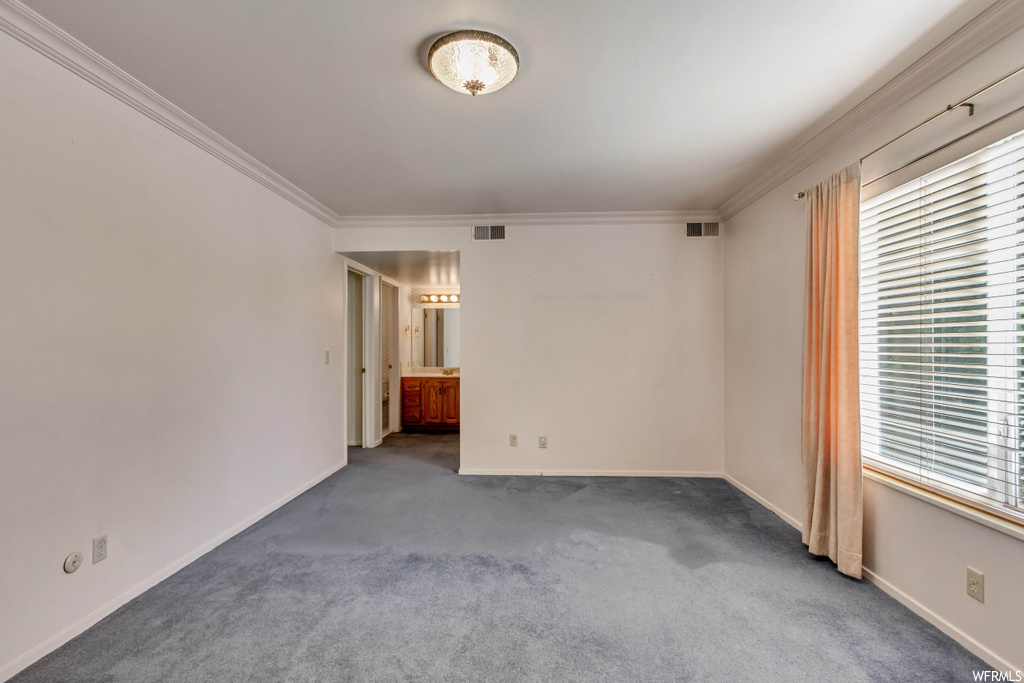 Spare room with ornamental molding and light carpet