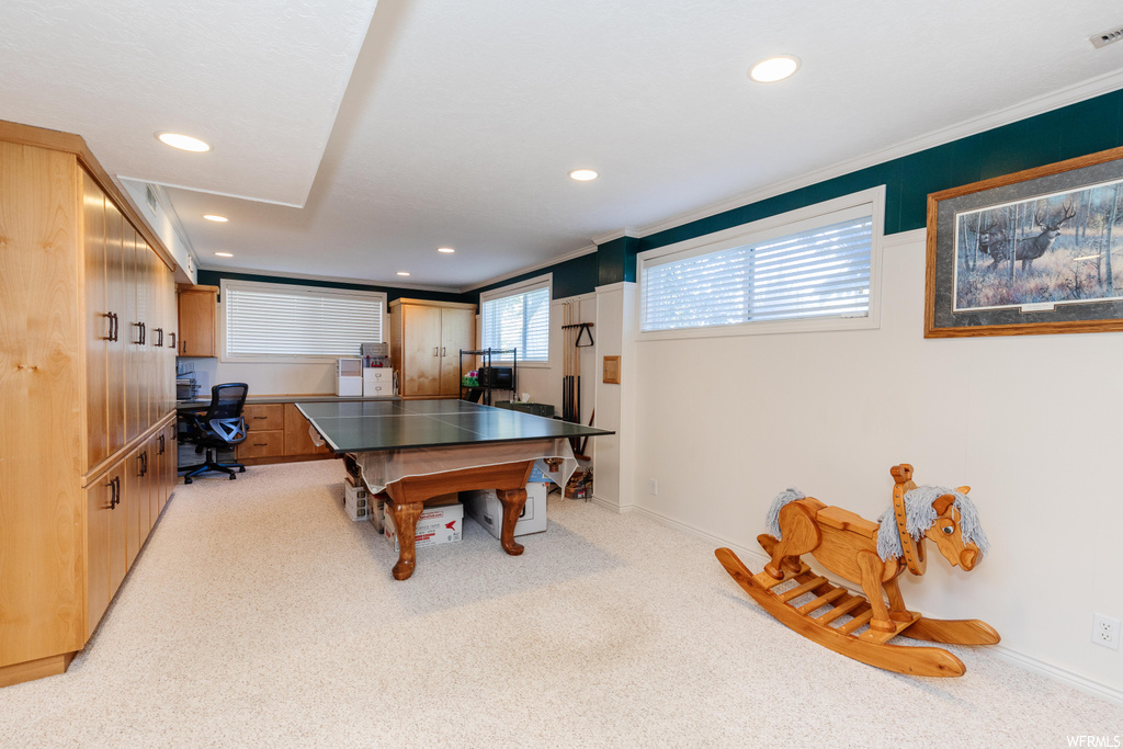 Game room featuring ornamental molding and light carpet
