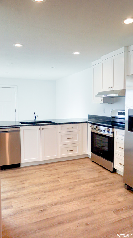 Kitchen featuring light hardwood floors, white cabinetry, and washbasin
