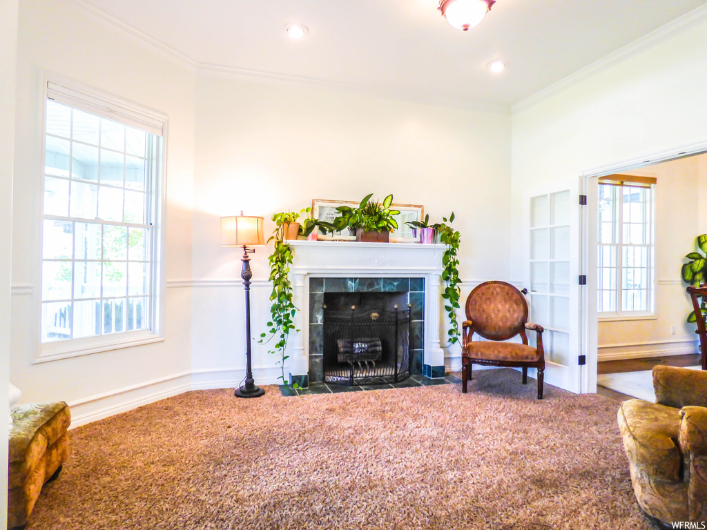 Living room featuring plenty of natural light, crown molding, and a tiled fireplace
