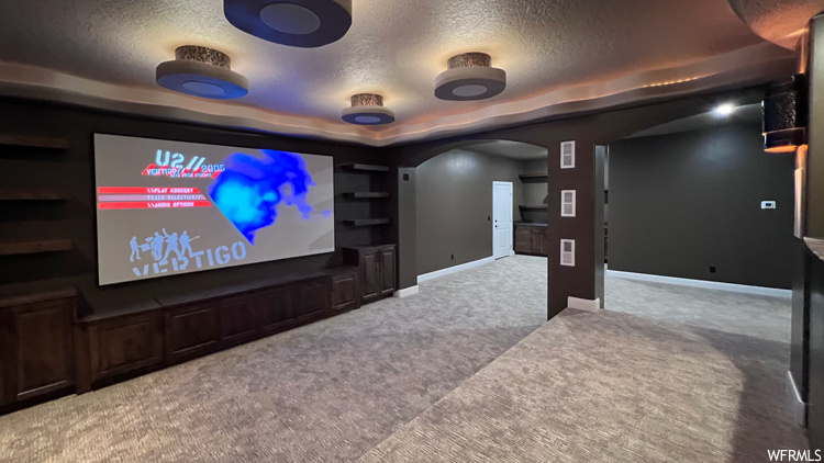 Carpeted cinema featuring a tray ceiling and a textured ceiling