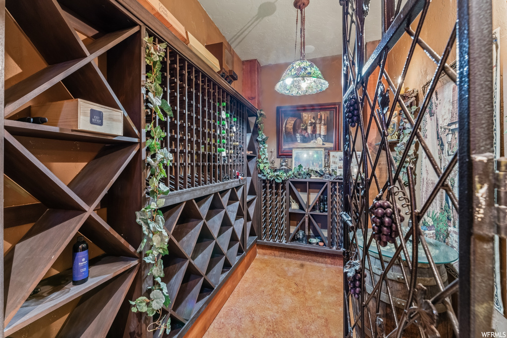 Wine room with light colored carpet