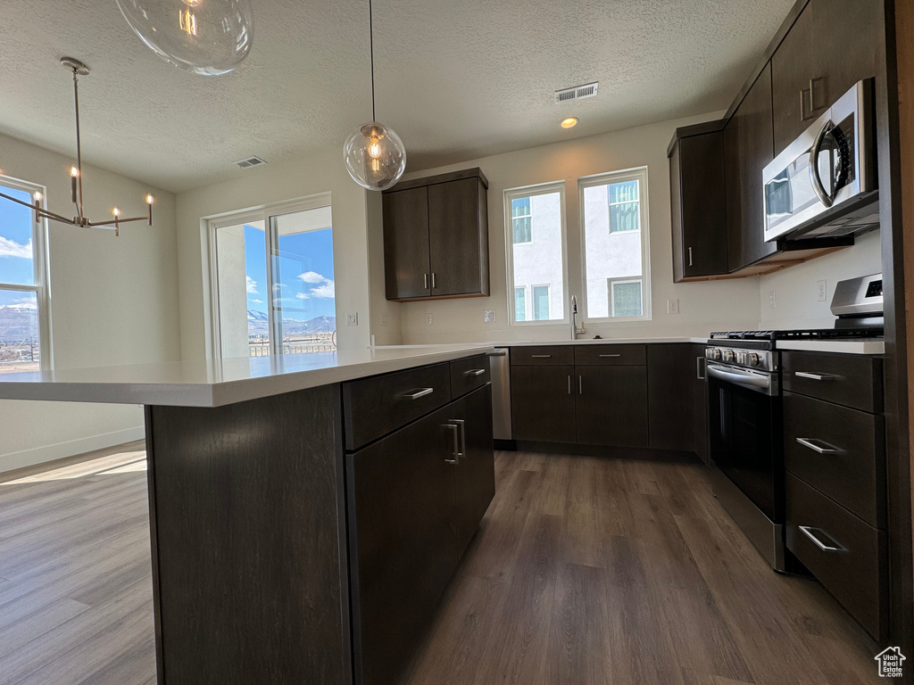 Kitchen with a healthy amount of sunlight, stainless steel appliances, light hardwood / wood-style flooring, and an inviting chandelier