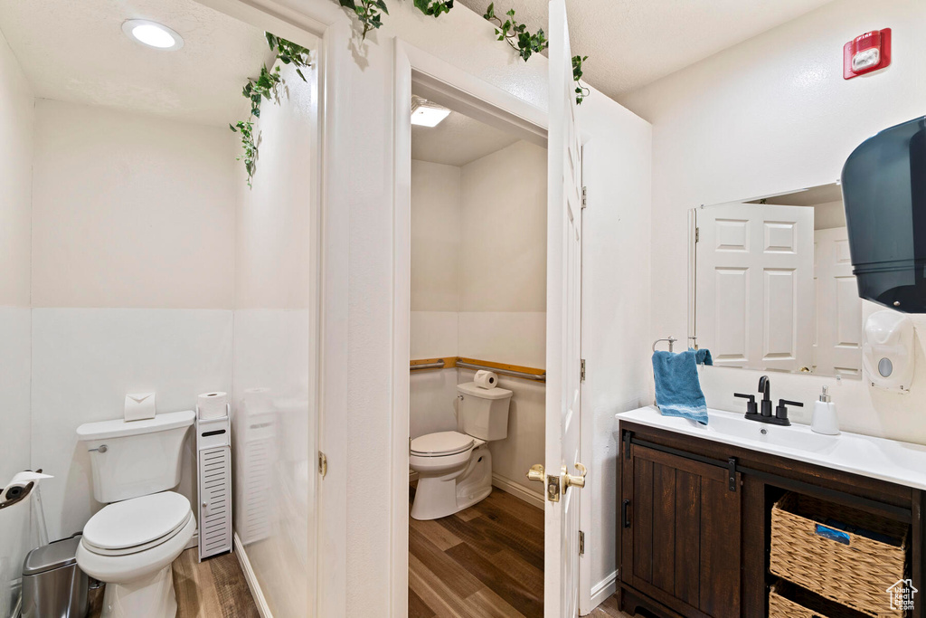 Bathroom with wood-type flooring, vanity, and toilet