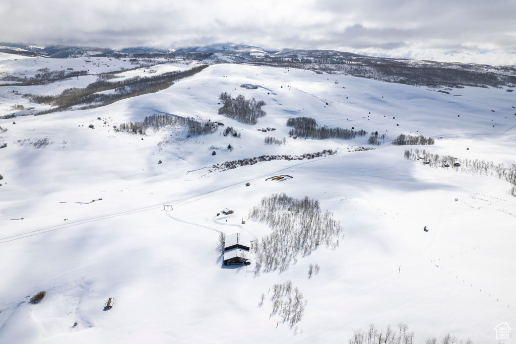 Snowy aerial view featuring a mountain view