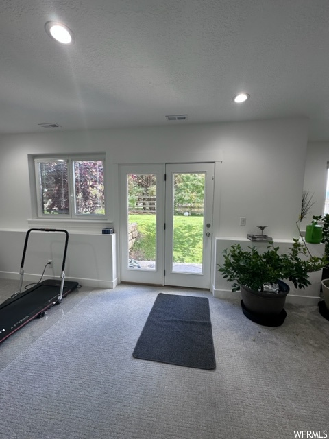 Entryway featuring light colored carpet