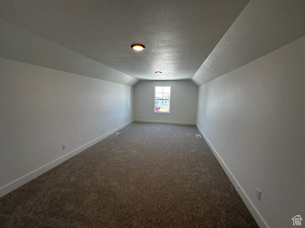 Bonus room with vaulted ceiling, carpet, and a textured ceiling