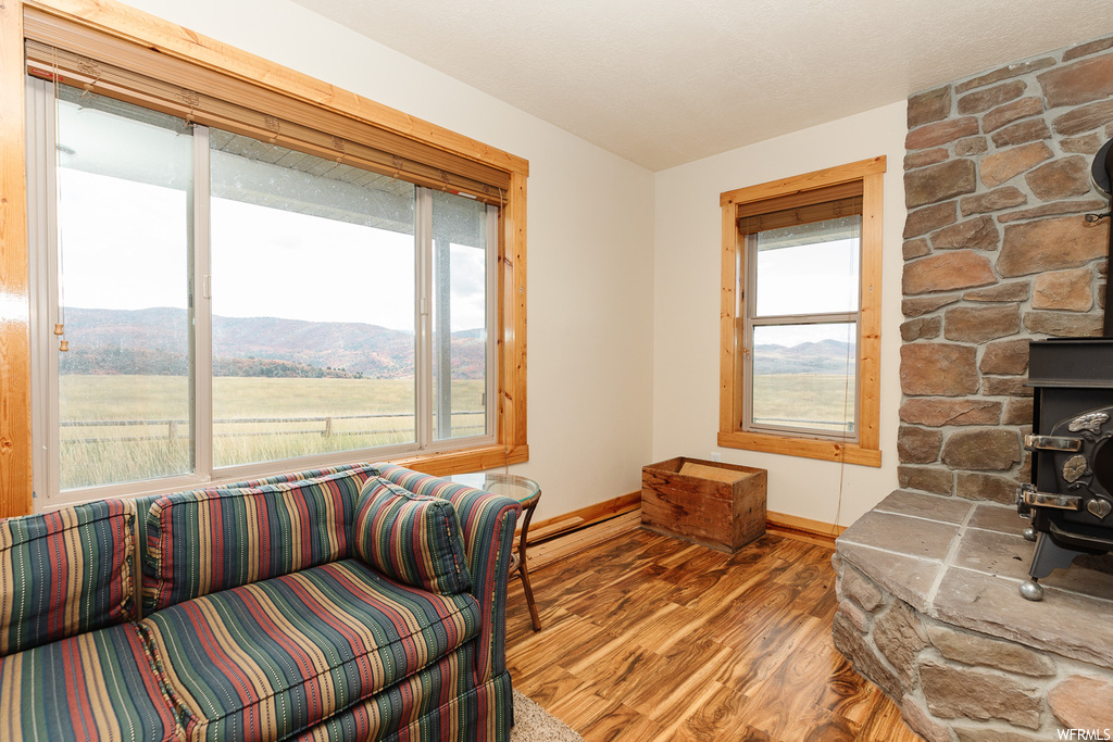 Hardwood floored living room featuring a mountain view and a baseboard heating unit