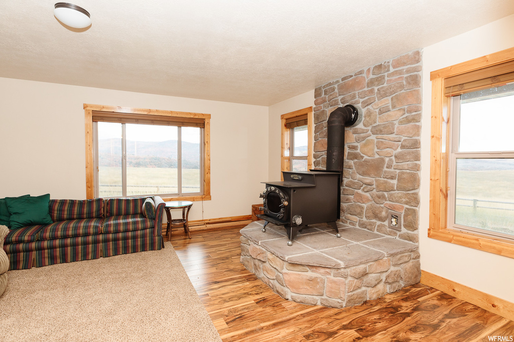 Hardwood floored living room with a mountain view and a wood stove