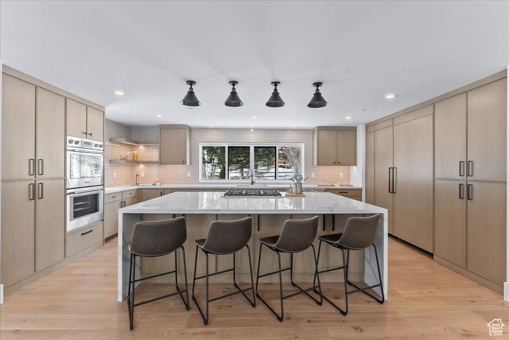 Kitchen featuring backsplash, light hardwood / wood-style floors, stainless steel appliances, and a center island