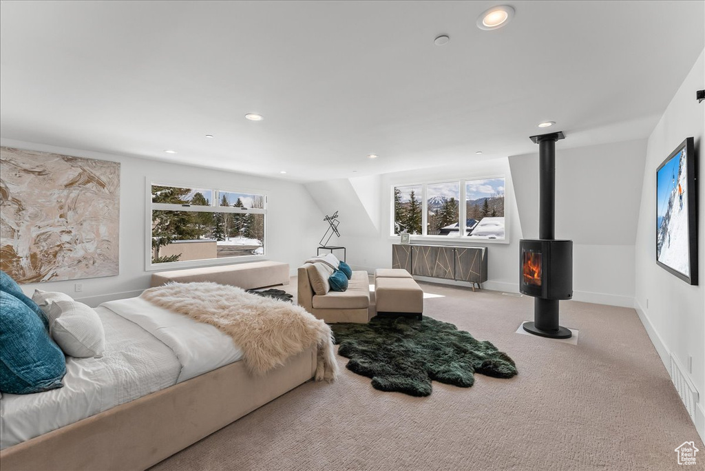 Bedroom featuring light carpet and a wood stove