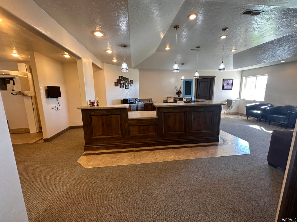 Office featuring vaulted ceiling, light colored carpet, and a textured ceiling