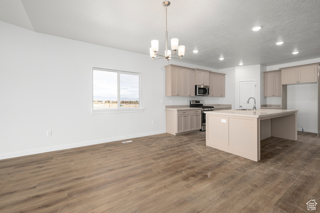 Kitchen with dark hardwood / wood-style floors, stainless steel appliances, a kitchen island with sink, and sink