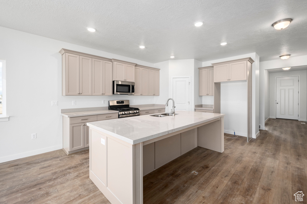 Kitchen with stainless steel appliances, a center island with sink, wood-type flooring, a textured ceiling, and sink