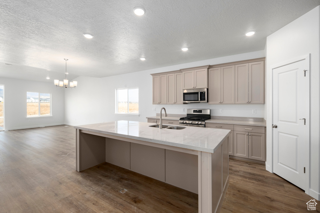 Kitchen with dark hardwood / wood-style flooring, stainless steel appliances, a kitchen island with sink, sink, and pendant lighting