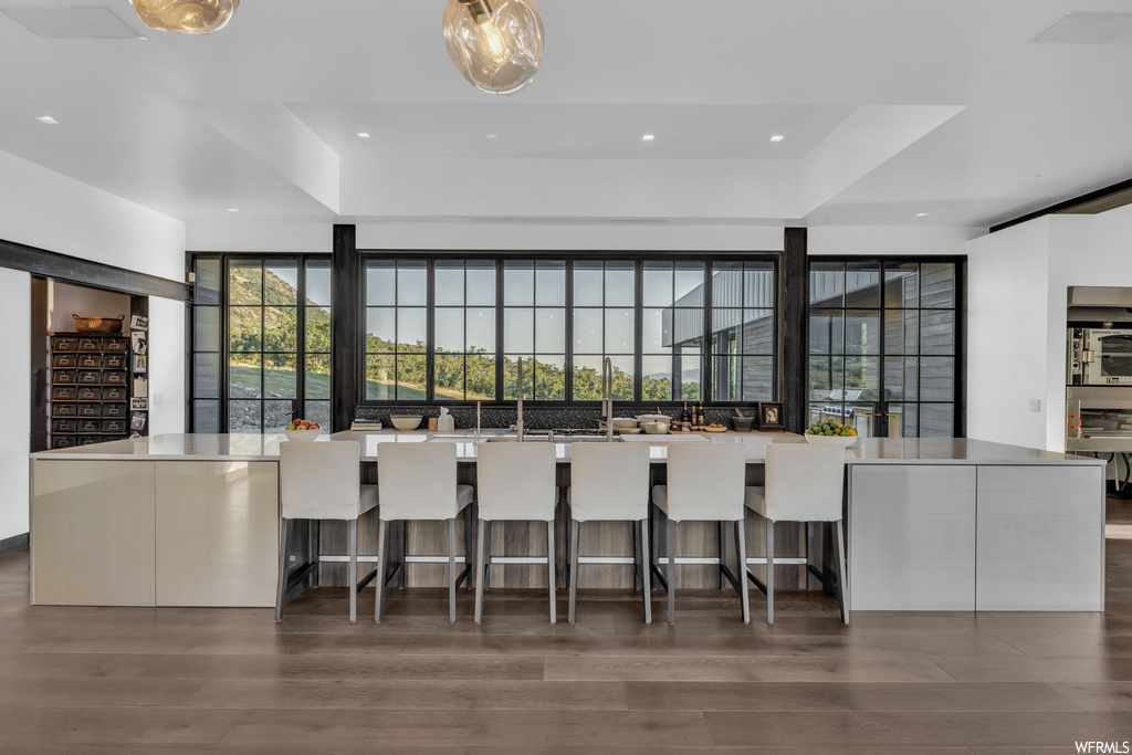 Kitchen featuring a raised ceiling, an island with sink, white cabinetry, and dark hardwood floors