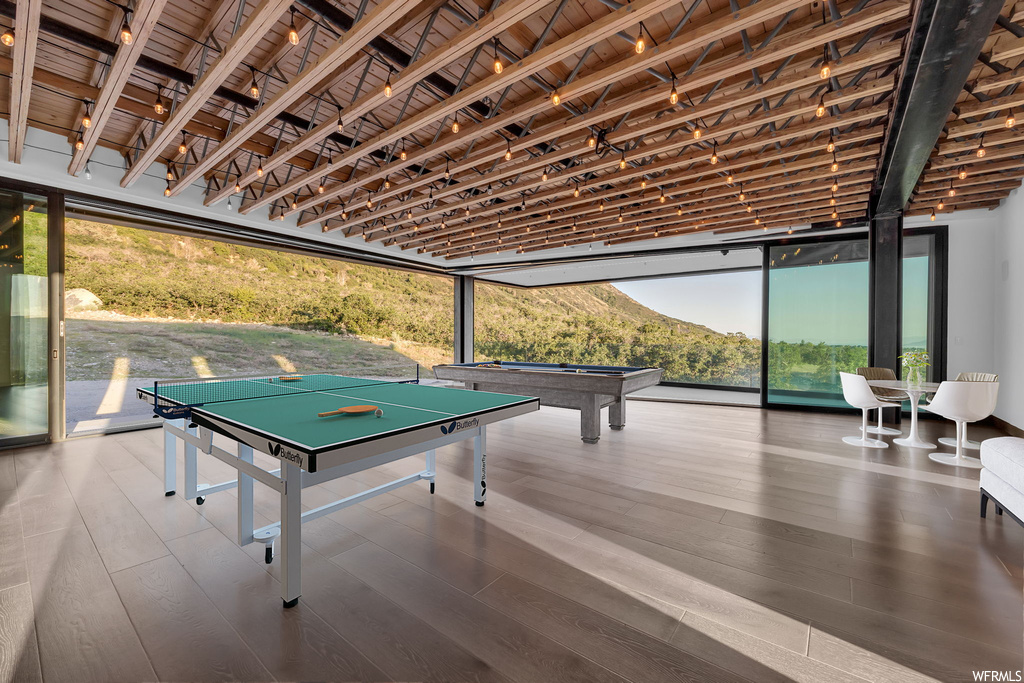 Game room featuring pool table, a wealth of natural light, and wood-type flooring