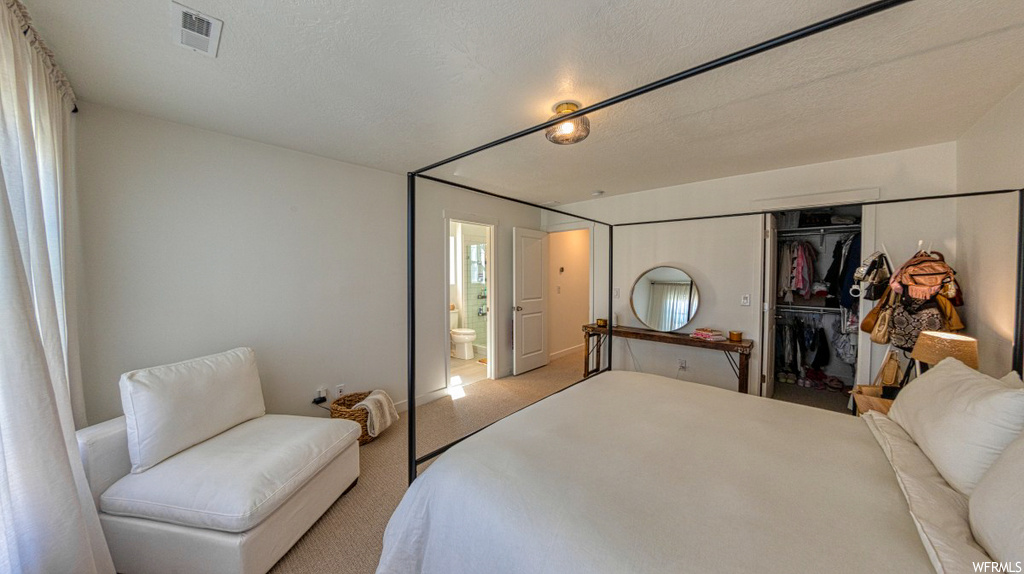 Carpeted bedroom featuring a closet, ensuite bathroom, and a textured ceiling
