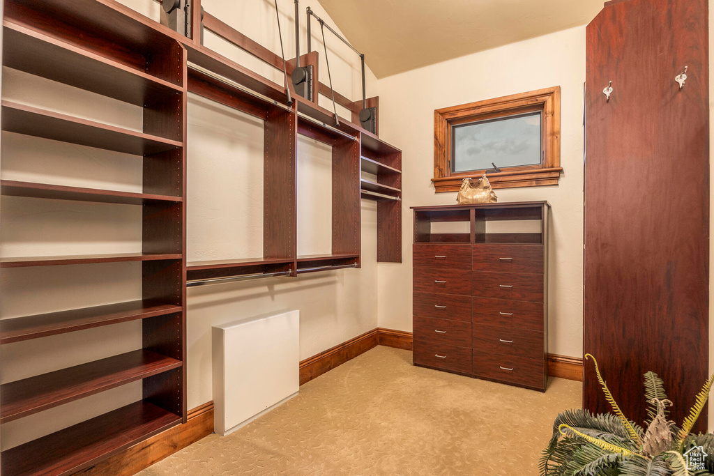 Walk in closet featuring light carpet