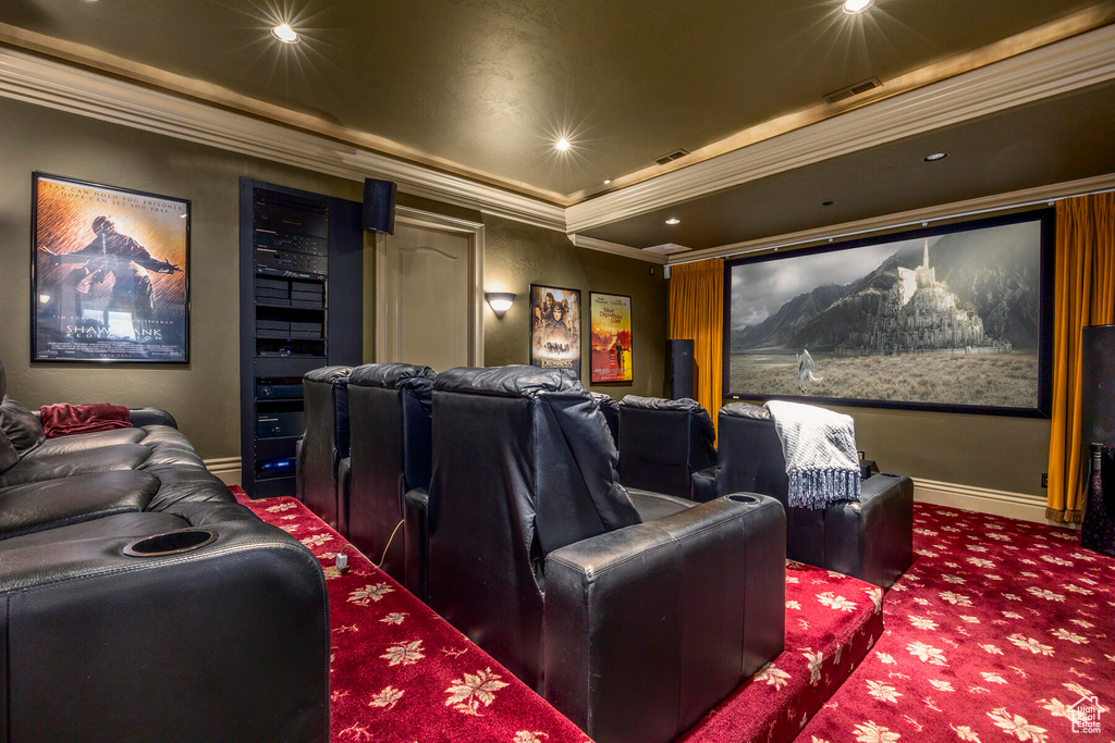 Cinema room with crown molding and carpet flooring