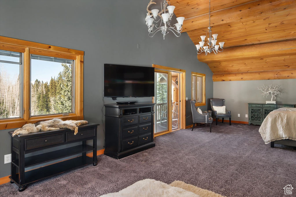 Carpeted bedroom featuring a chandelier, access to outside, baseboards, high vaulted ceiling, and wooden ceiling