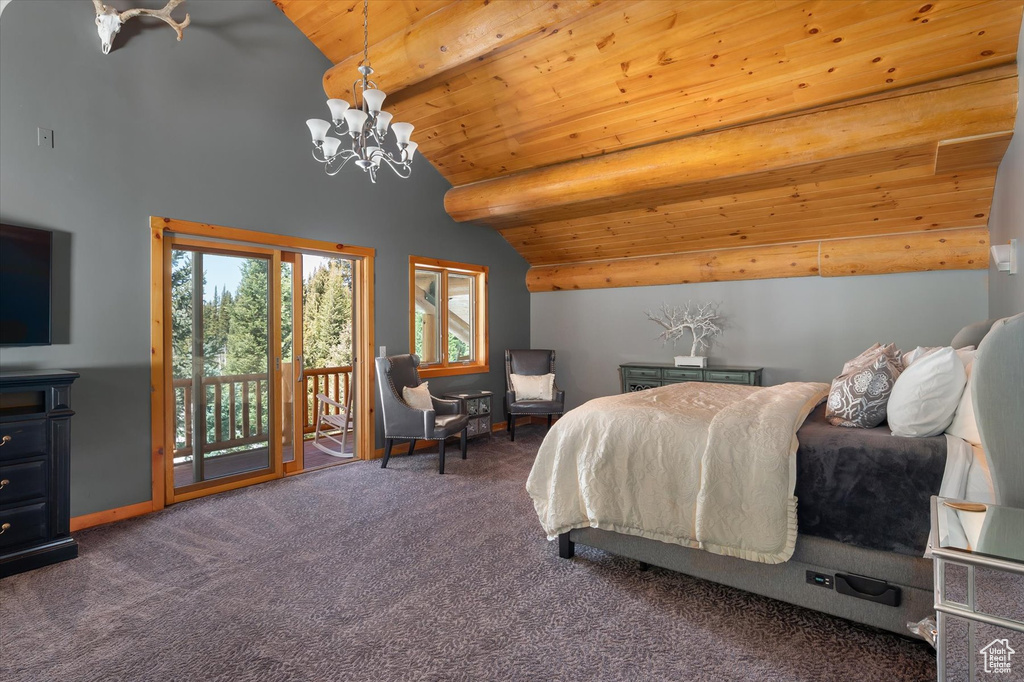 Carpeted bedroom featuring access to outside, a chandelier, wood ceiling, and baseboards