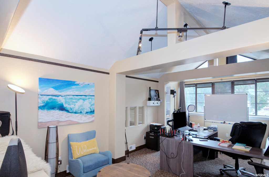 Home office featuring carpet floors, a towering ceiling, and plenty of natural light