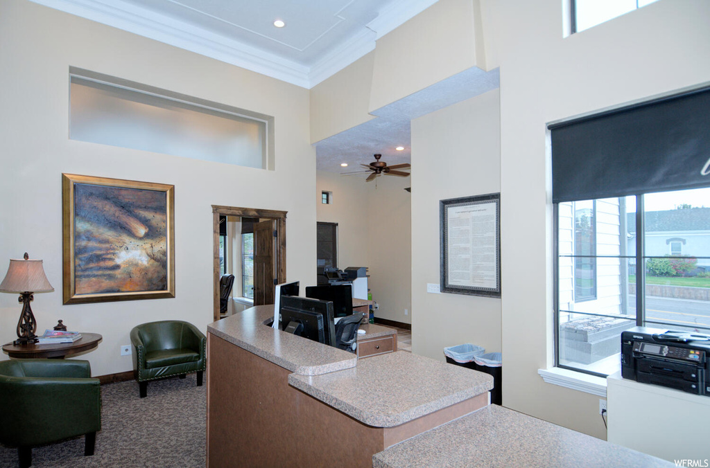 Carpeted office with ceiling fan, a towering ceiling, and ornamental molding