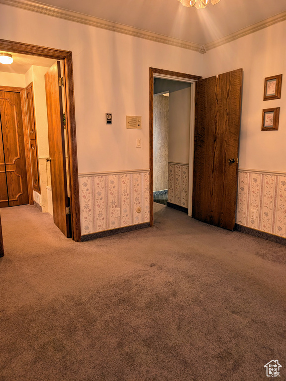 Spare room featuring crown molding, wallpapered walls, wainscoting, and carpet