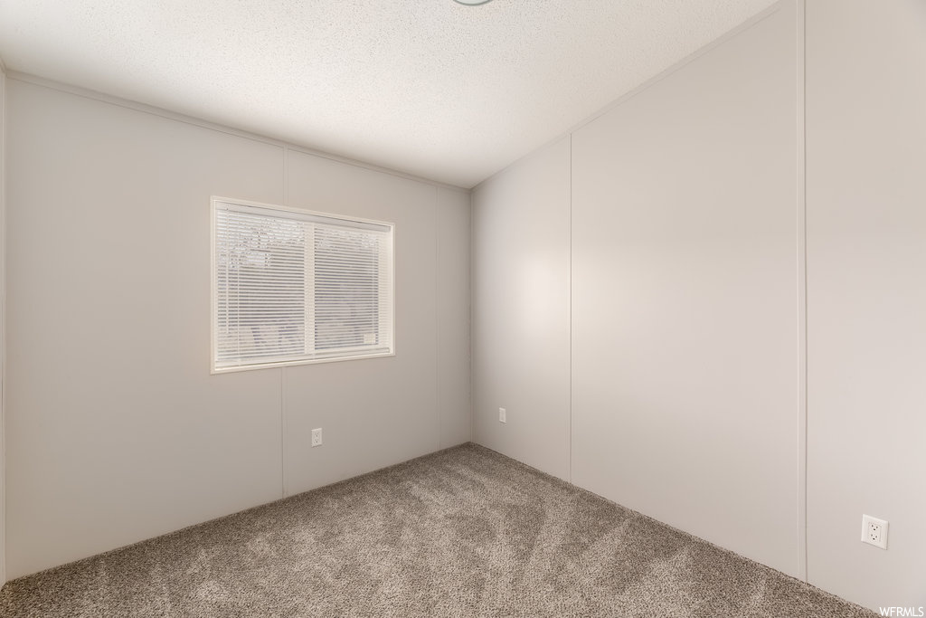 Unfurnished room featuring a textured ceiling and carpet floors