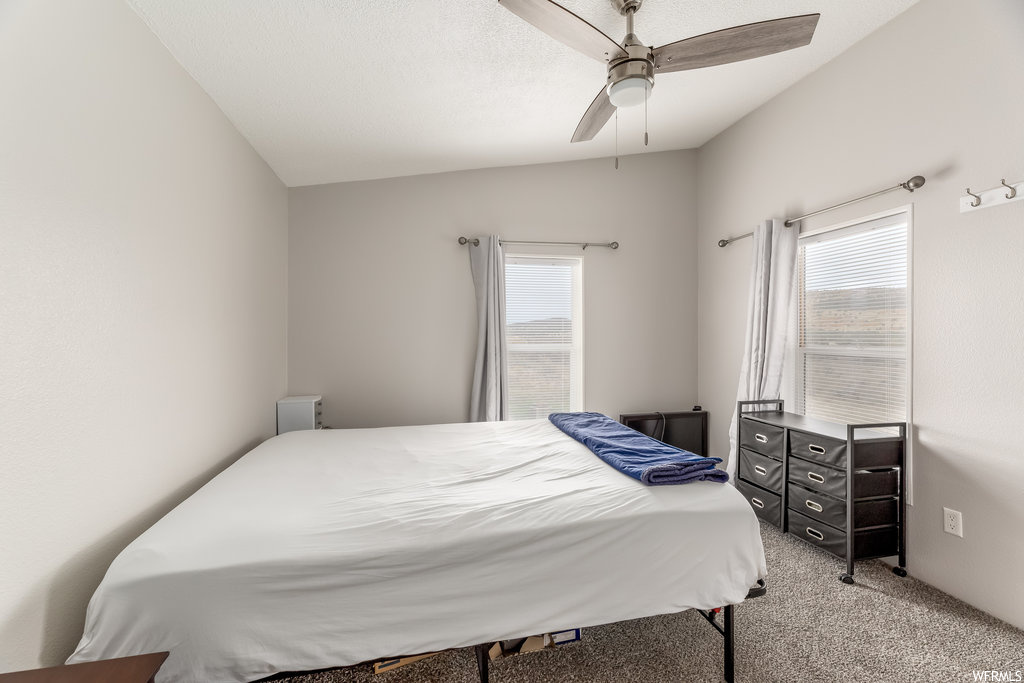 Bedroom with vaulted ceiling, ceiling fan, and light colored carpet
