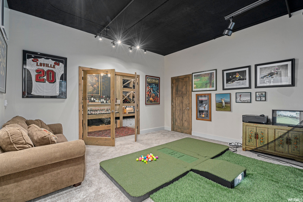 Playroom featuring light carpet and track lighting