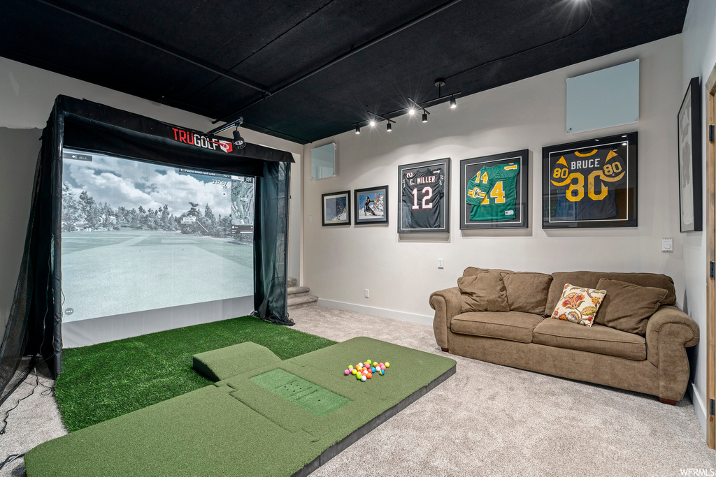 Recreation room featuring light colored carpet, golf simulator, and track lighting