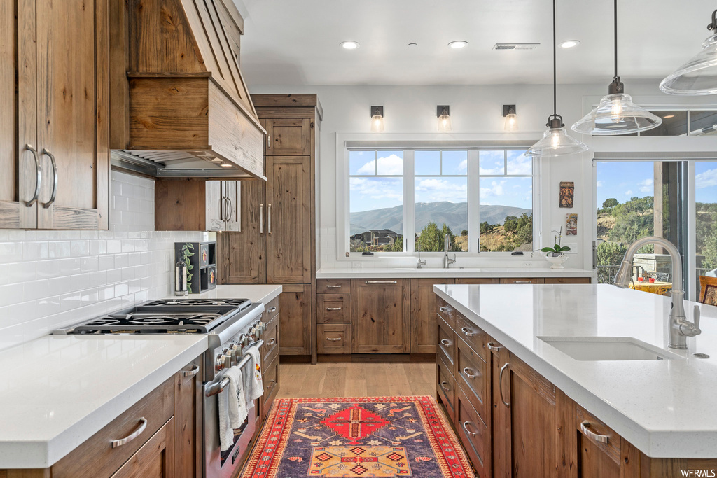 Kitchen featuring range with two ovens, pendant lighting, a healthy amount of sunlight, and light hardwood flooring