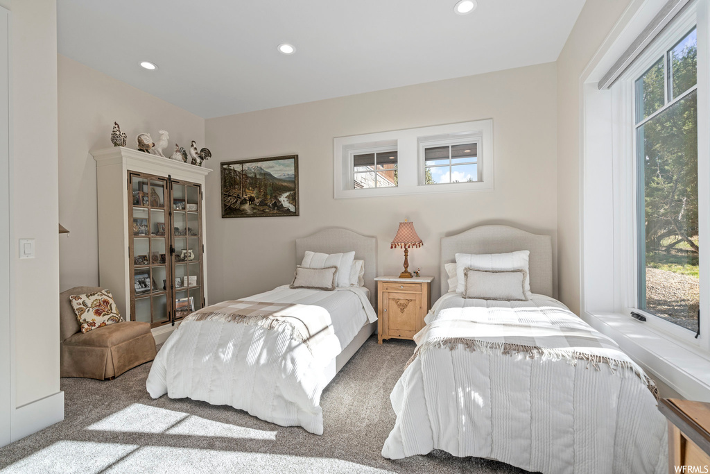 Bedroom featuring multiple windows and light colored carpet