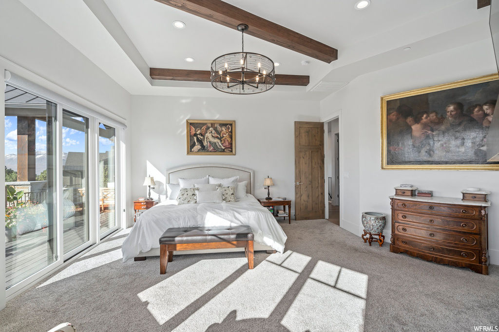 Carpeted bedroom with a chandelier, access to exterior, and beam ceiling