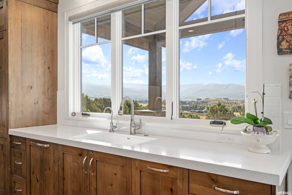 Bathroom featuring a mountain view and vanity