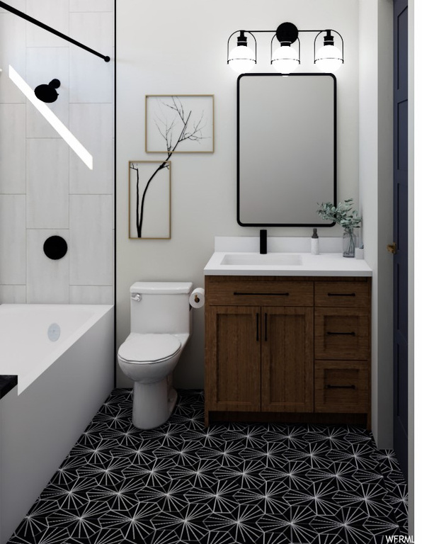 Full bathroom with a tile shower, vanity, tile flooring, and toilet