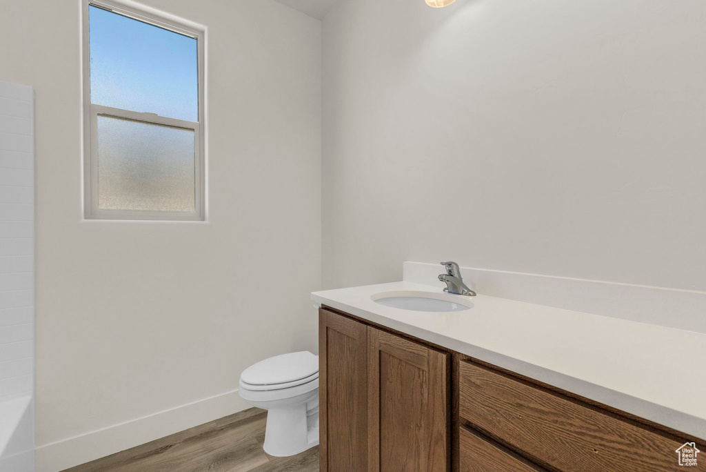 Bathroom with hardwood / wood-style floors, vanity, and toilet