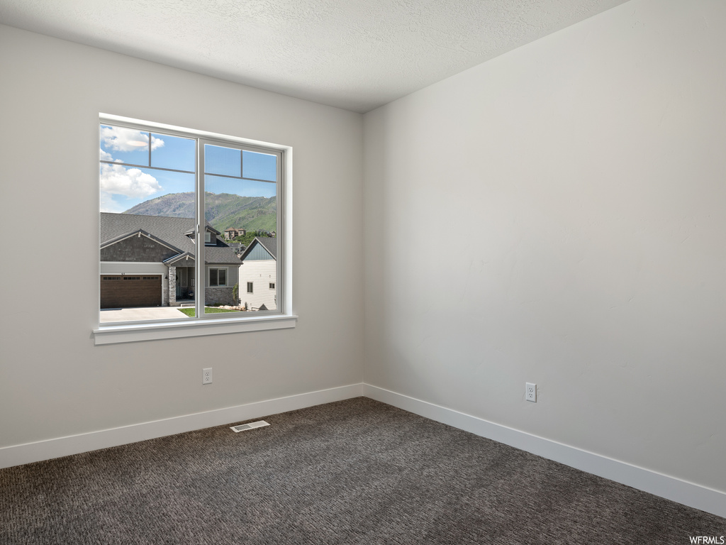 Carpeted empty room with a textured ceiling