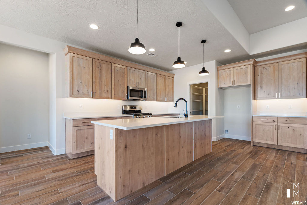 Kitchen featuring dark hardwood / wood-style flooring, stainless steel appliances, pendant lighting, and a kitchen island with sink