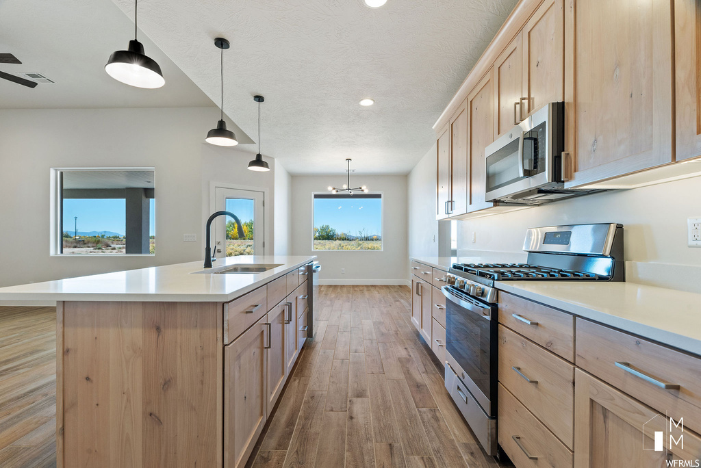 Kitchen with sink, hanging light fixtures, light hardwood / wood-style floors, an island with sink, and appliances with stainless steel finishes