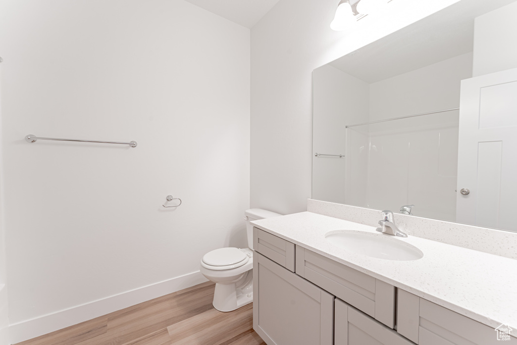 Bathroom with hardwood / wood-style flooring, vanity with extensive cabinet space, and toilet
