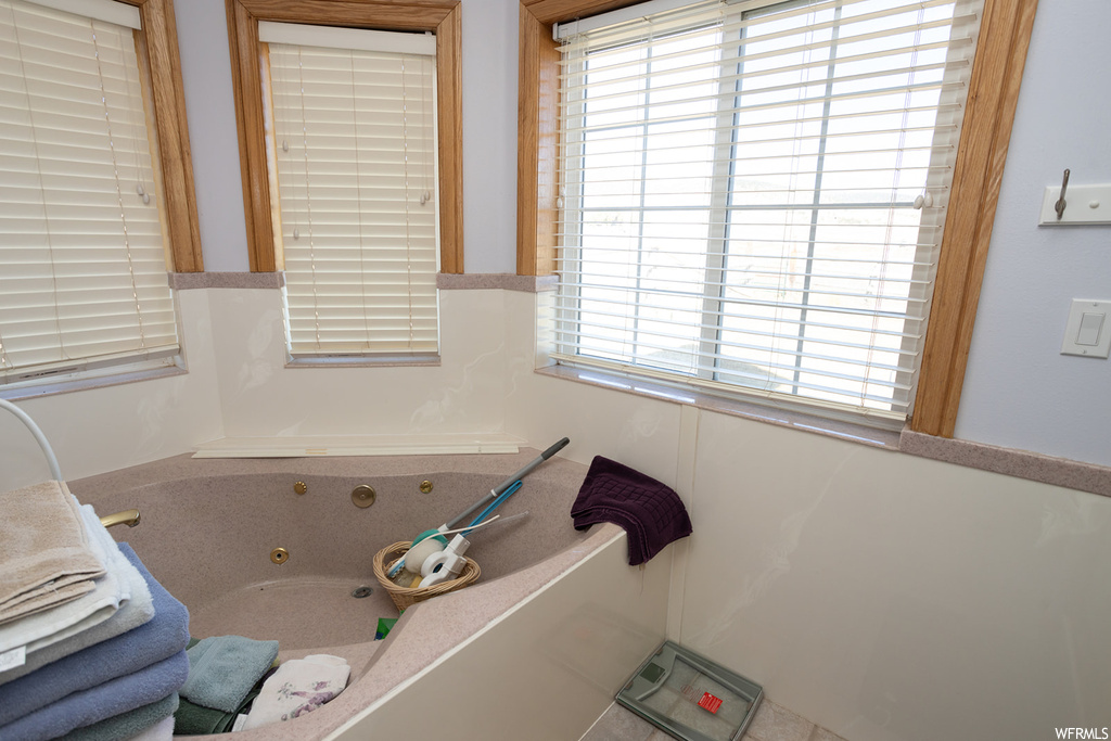 Bathroom featuring a washtub and a healthy amount of sunlight