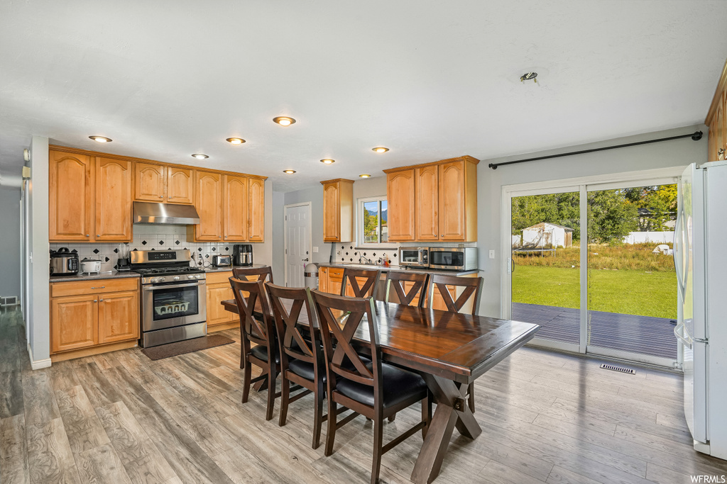 Kitchen featuring light hardwood / wood-style floors, backsplash, and appliances with stainless steel finishes