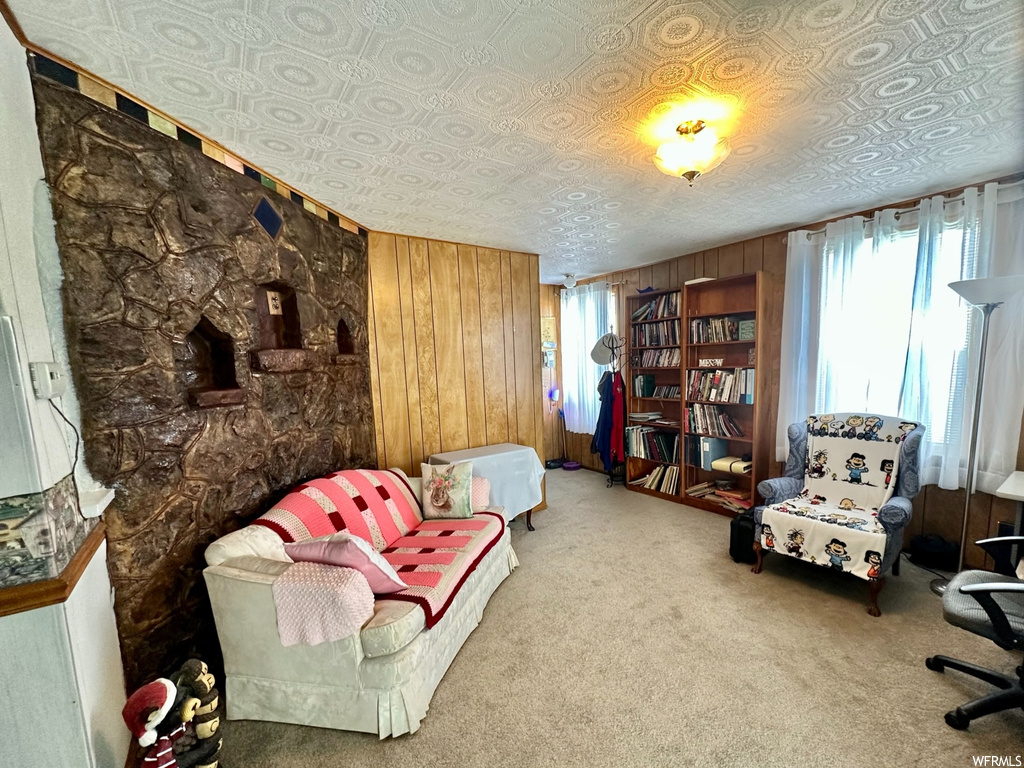 Carpeted living room featuring a textured ceiling and wooden walls